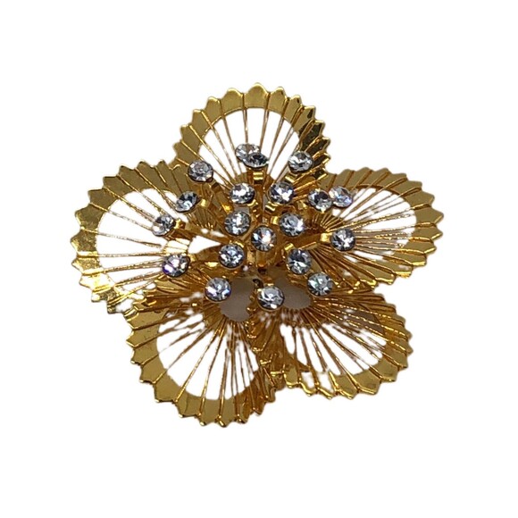 Monet Brooch Goldtone Flower W/ Rhinestones Vintage 1.5 Inch Pin Back Signed - Picture 2 of 5